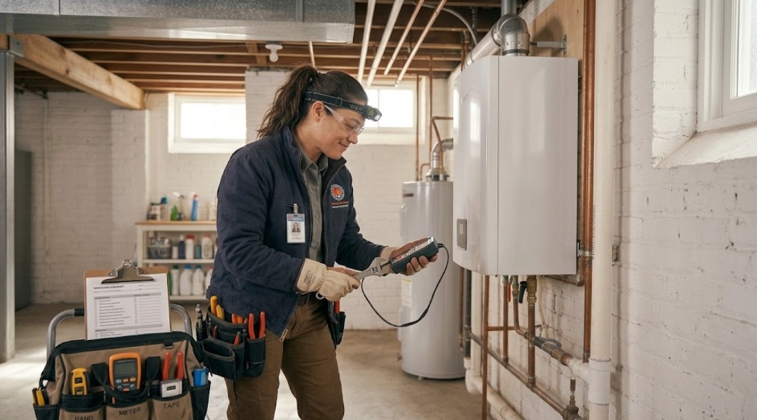 Heating technician inspecting and troubleshooting modern residential gas boiler controls in basement utility room